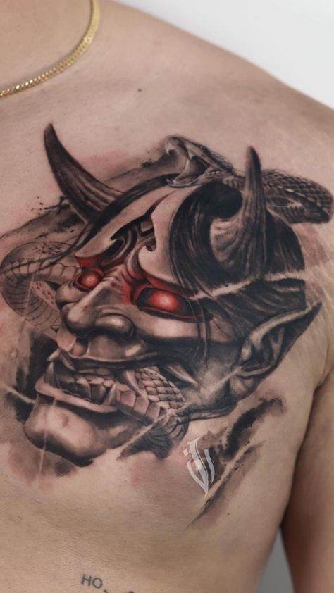 Desain Tattoo, Hanya Mask Tattoo, Mascara Oni, Tattoo Colour, Oni Mask Tattoo, Tattoo Chest, Hannya Mask, Oni Mask, Dog Mask