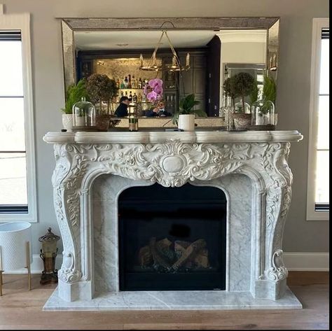 Marble Sculpture Fireplace Natural Material, Safe Transportation, Professional Hand Carving, Hotel Parisian Interior Style, Carrara Marble Fireplace, French Fireplace Mantel, Mirror Over Fireplace, Electric Fireplace With Mantel, Fireplace Facing, Marble Fireplace Mantel, French Fireplace, Gorgeous Fireplaces