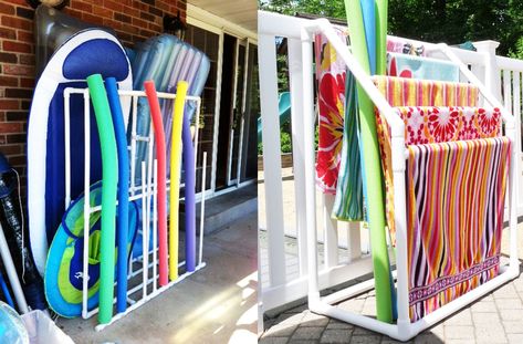 8 Ways to Use PVC Pipes For Storage This Summer – Personal Mini Storage Blog Pool Storage Caddy, Pvc Pipe Towel Rack For Pool, Pvc Pool Float Holder Diy, Pool Noodle Holder Ideas, Storage For Pool Floats, Pool Raft Storage Ideas Diy, Pool Accessories Storage Ideas, Float Storage For Pools, Pvc Pool Float Holder