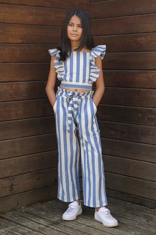 Shop for Fairies Forever Blue Stripe Print Crop Top And Pant Set For Girls Online at Aza Fashions Cord Set For Girls Kids, Kids Cord Set Design, Kids Crop Tops Designs, Crop Top For Kids, Pallazo And Top, Crop Tops For Kids, Crop Top And Pants Set, Crop Top Pants Set, Kids Ethnic Wear