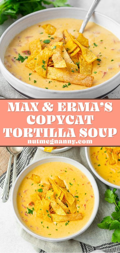 This creamy chicken tortilla soup is the perfect copycat recipe for the famous Max & Erma's tortilla soup! Made with rotisserie chicken, tomatoes, cheese, and lots of spices. Chicken Cheese Tortilla Soup, Max & Erma's Chicken Tortilla Soup, Mac And Ermas Chicken Tortilla Soup, Max And Ermas Chicken Tortilla Soup Crockpot, Max And Erma’s Copy Cat Chicken Tortilla Soup, Copycat Max And Ermas Chicken Tortilla Soup, Copycat Max And Ermas Tortilla Soup, Max Ermas Chicken Tortilla Soup, Max And Ermas Tortilla Soup Copycat