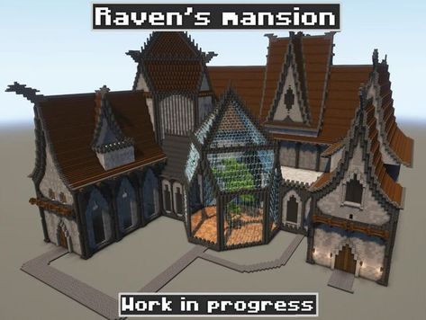 Howls Moving Castle Minecraft Build, Dark Mansion Minecraft, Gothic Village Minecraft, Minecraft Houses Dark Academia, Skyrim Minecraft Builds, Minecraft Gothic House Tutorial, Minecraft Haunted House Ideas, Gothic Mansion Minecraft, Gothic Builds Minecraft