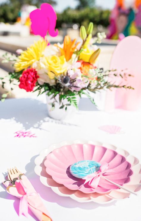 Kara's Party Ideas Malibu Barbie Birthday Party | Kara's Party Ideas Malibu Barbie Centerpieces, Barbie 4th Birthday, Seashell Plates, Malibu Barbie Party, Malibu Barbie Birthday Party, Barbie Themed Birthday Party, Barbie Centerpieces, Barbie Decor, Barbie Pool Party