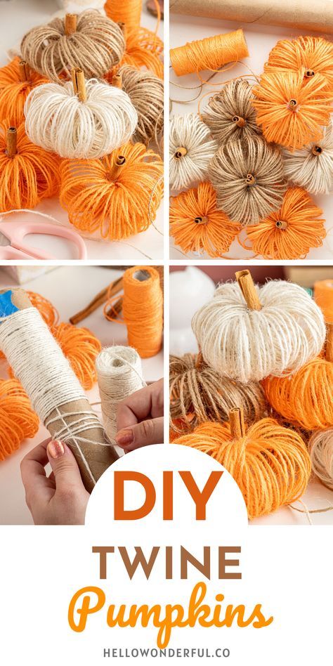 DIY Twine Pumpkins Make Simple And Beautiful Fall Decor Button Pumpkin Craft, Diy Twine Pumpkins, Fall Ribbon Crafts, Yarn Pumpkin Craft, Jute Pumpkins Diy, Pumpkin Yarn Craft, Cheap Fall Crafts For Adults, Easy Pumpkin Crafts For Kids, Diy Pumpkin Garland