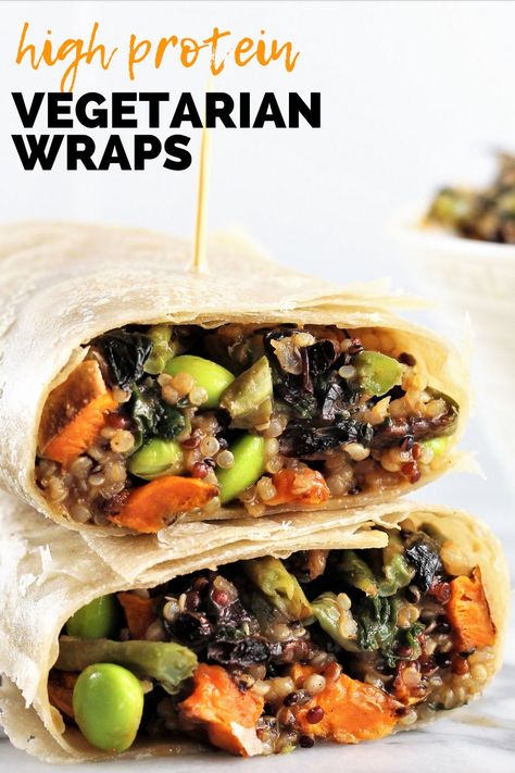 Try these high protein vegetarian wraps when you need a delicious and healthy lunch. Quinoa and edamame in the filling give these healthy wraps a protein boost. Plus, there's a delicious peanut and honey based sauce that ties the whole meal together. Veggie Protein, High Protein Vegetarian, Vegetarian Wraps, Spinach Pasta Bake, Protein Wraps, Veggie Pasta Salad, Baked Avocado, Warm Salad, Veggie Wraps