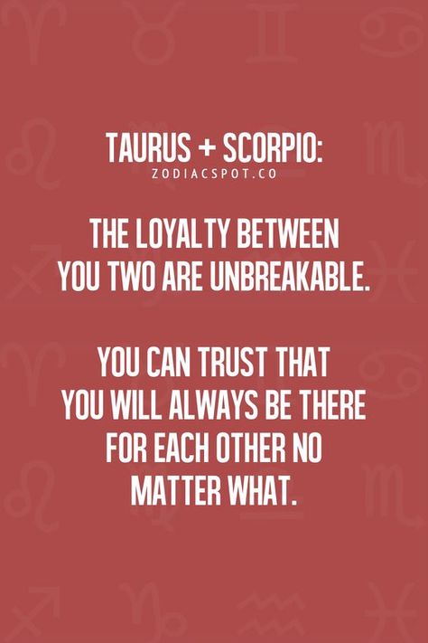 Quotes about SCORPIO- TAURUS Relationships #1The loyalty between you to are unbreakable. You can trust that you will always be there for each other no matter what. #2 These two signs sense each other as missing pieces that they have been searching for their entire lives. They very much enjoy each other's company,.. Scorpio And Taurus Relationship, Taurus Relationships, Taurus Compatibility, Scorpio Relationships, Scorpio Compatibility, Taurus And Scorpio, Taurus Zodiac Facts, Taurus Quotes, Scorpio Zodiac Facts