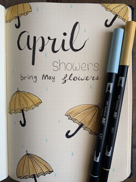 April Showers Bullet Journal, April Planner Ideas, Rain Bullet Journal, Monthly Cover Page Bullet Journal, Bullet Journal April Cover, April Bullet Journal Ideas, April Bullet Journal Cover, Cover Page Bullet Journal, April Cover Page