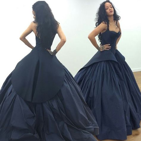 Rihanna Navy Blue Ball Gown, Backless Ball Gown, Blue Ball Gown, Stylish Prom Dress, Navy Blue Prom Dresses, Blue Ball Gowns, Strapless Evening Dress, Prom Dresses 2017, Blue Ball