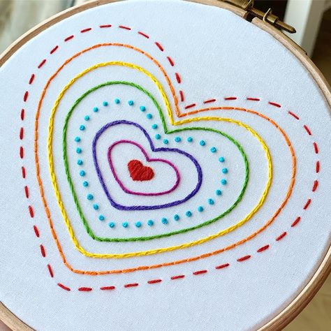 #rainbowhearts #joyful #colourful #hearts #heart #handembroidery #embroiderykit #embroidery #beginnerembroidery #diyprojects #diyembroidery #heartembroidery #embroiderysampler #needlepoint #etsy #etsyuk #theembroiderycart #handmade #bordado #broderie #stickerei #modernembroidery #rainbowcolors #learntoembroider #stitchersgonnastitch #dmcthreads #frenchknots #embroiderystitches #embroideryhoopart #embroidered Heart Machine Embroidery, Modern Embroidery Kit, Embroidered Wall Art, Valentine Embroidery, Beginner Embroidery, Beginner Embroidery Kit, Digital Embroidery Patterns, Embroidery Hearts, Hand Embroidery Kits