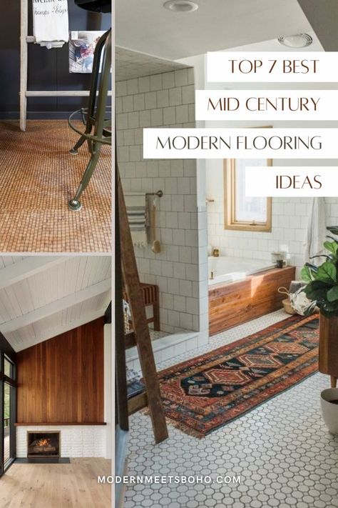 Here are the best ideas for mid century modern flooring - from carpet to tile to hardwood. Mid Century Carpets, Mid Century Basement Ideas, Mid Century Modern Tiles, Mid Century Modern Design Elements, Mid Century Modern Tile Floor, Mid Century Modern Bathroom Floor, Mcm Flooring, Whole House Flooring Ideas, Mid Century Scandinavian Living Rooms