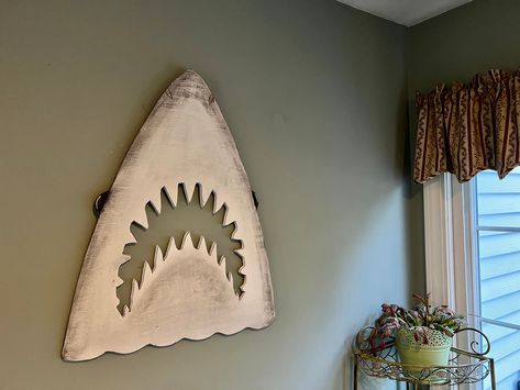 Faux Ceiling Beams, Wooden Shark, Shark Sign, Shark Room, Jaws Shark, Shark Decor, Beachy Theme, Shark Art, Childs Room