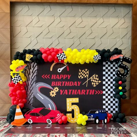 5th Birthday, Racing car theme #birthdaydecor #5thbirthday #racingcar #balloondecor #balloonbackdrop #balloonsetup #balloonphotobooth #kidsbirthday Car Theme Party, Race Theme, Birthday Party Photo Booth, Racing Theme, Car Birthday Party, Race Car Themes, Car Themed Parties, Race Car Birthday Party, Car Theme