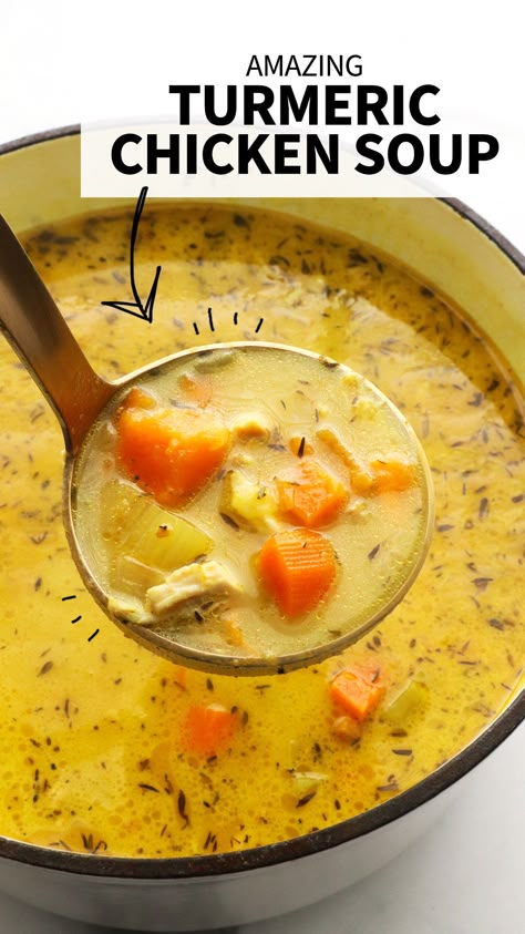 Turmeric Chicken Soup is one of the best chicken soup recipes you'll ever taste. Made with anti-inflammatory turmeric and ginger, you'll crave it when the weather cools down! Hot Weather Food, Easy One Pot Dinners, Turmeric Chicken Soup, The Best Chicken Soup, Best Chicken Soup Recipe, Best Chicken Soup, Chicken Soup Recipes Homemade, Turmeric Soup, Inflammation Diet Recipes