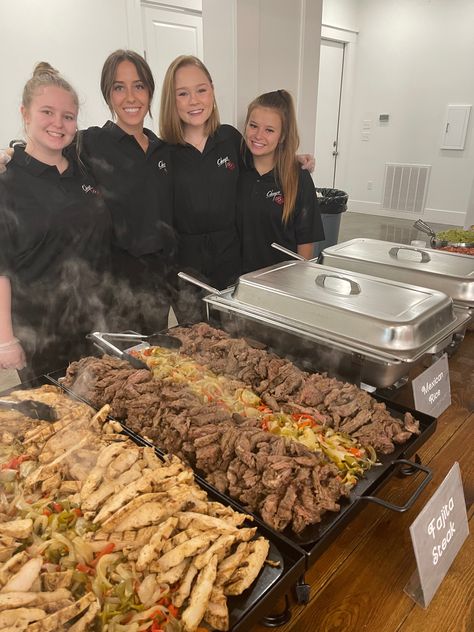 Mexican Catering Ideas Wedding Reception, Wedding Catering Mexican Food, Fajitas Wedding Reception, Fajita Wedding Buffet, Wedding Steak Buffet, Mexican Buffet Ideas Food Bars Wedding Reception, Fajita Buffet Bar Ideas, Mexican Wedding Dishes, Wedding Fajita Bar