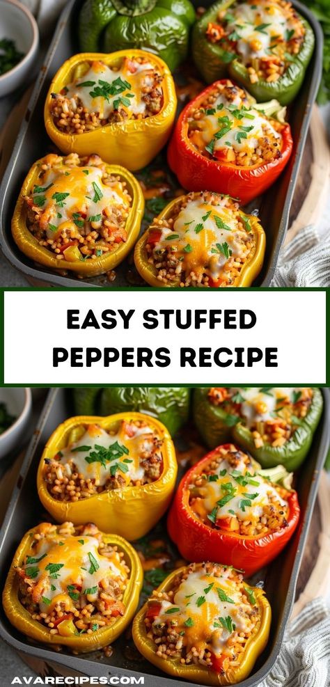 "Looking for delicious ground beef recipes? Try this Stuffed Peppers recipe, perfect for dinner. This easy ground beef recipe combines savory beef and rice in flavorful stuffed peppers. Stuffed Peppers Ground Beef, Easy Stuffed Pepper Recipe, Stuffed Peppers Beef, Stuffed Peppers With Rice, Easy Stuffed Peppers, Stuffed Peppers Recipe, Ground Beef Recipe, Recipe For Dinner, Easy Ground Beef