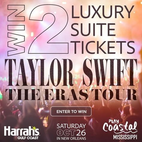 In case you missed it… Your chance to catch Taylor Swift live at The Eras Tour is here! Enter our sweepstakes for a shot at two premium tickets at the Caesars Superdome (@caesarssuperdome) on Saturday, October 26, 2024! The package also includes a two-night stay at Harrah’s Gulf Coast (@harrahsgc) in Biloxi, Mississippi! Don’t wait! Enter today at the link in our bio! Giveaway ends Oct. 13, 2024 at 11:59 PM. #PlayCoastal #CoastalMississippi Eras Tour Giveaway, A Lot Going On At The Moment Eras Tour, I Will Get Eras Tour Tickets, Taylor Swift Live, Eras Tour Miami 2024, The Tourted Poets Department Eras Tour, Biloxi Mississippi, Eras Tour Documentary, 11 59