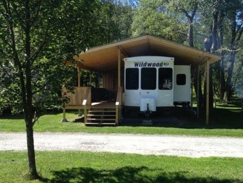 Seasonal Park Memberships are available for those who wish to rent a site for the season. Memberships are open to those who have their own units or who would simply like to purchase one of ours.  S... Trailer Porch, Camper Porch, Porch For Camper, Rv Port, Rv Shelter, Trailer Deck, Rv Carports, Grandma House, Rv Patio