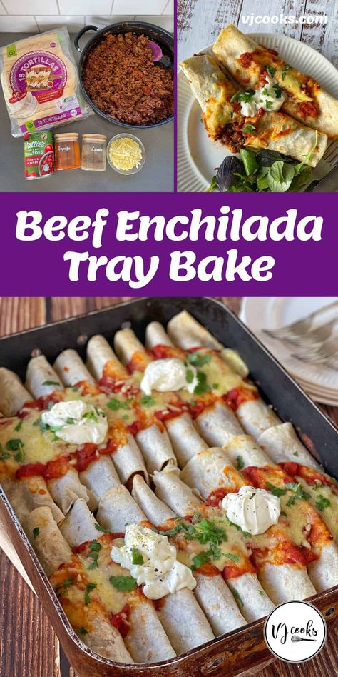 Mexican-style enchiladas made from tortillas filled with a homemade beef mince mixture then baked in the oven with tomato and cheese. Serve with sour cream and fresh herbs for an easy shared meal option. Great for pot lucks, birthday parties or even a BBQ, these yummy enchiladas are easy to make and a real crowd-pleaser. Easy Mince Recipes, Vj Cooks, Creamed Beef, Beef Enchilada, Sour Cream Recipes, Tray Bake, Mince Recipes, Beef Enchiladas, Tortilla Recipe