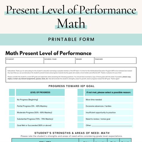 IEP Present Level of Performance Form - Math Student Strengths, Iep Writing, Special Education Organization, Special Education Law, Middle School Special Education, High School Special Education, Homework Incentives, Circle Math, Special Education Elementary