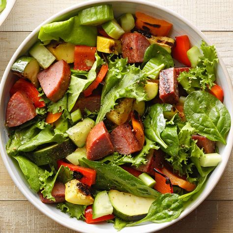 Grilled Summer Sausage Salad Sausage Salad Recipe, Grilled Romaine Lettuce, Sausage Pinwheels, Sausage Salad, Celery Recipes, Spring Mix Salad, Grilled Romaine, Summer Sausage, Mushroom Salad