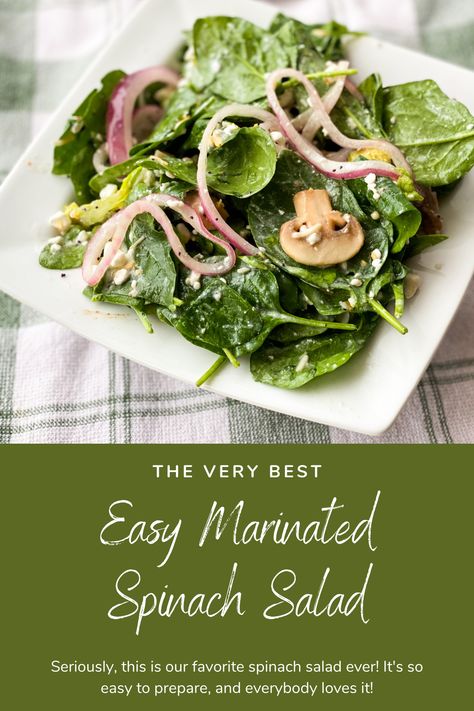 Easy Marinated Spinach Salad is the most delicious spinach salad! It’s made with marinated mushrooms & onions that are then used as both the toppings and the dressing. It also has cottage cheese, mozzerella cheese, bacon bits, and candied pecans! This really is the best spinach salad ever! Best Spinach Salad, Main Dish Salad Recipes, Mozzerella Cheese, Cottage Cheese Salad, Southwest Salad, Shrimp Salad Recipes, Spinach Mushroom, Mushroom Salad, Marinated Mushrooms