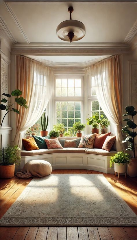 Bay Window With Shelves, Fake Bay Window, Window Seat Bay Window Living Room, Living Room Window Bench Seat, Bay Window With Seating, Reading Bay Window, Bay Window Apartment Living Rooms, Dressing Bay Windows, Piano By Window