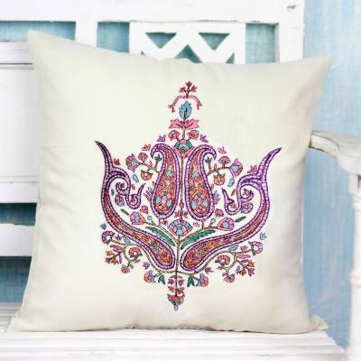 Cushion Cover Handcrafted in India Embroidered with Paisley - Paisley Grandeur | NOVICA Kashidakari Embroidery Motifs, Kashidakari Embroidery, Indian Paisley, Paisley Embroidery, Cushion Covers Online, Mughal Empire, India Gift, Beautiful Beadwork, Indian Crafts