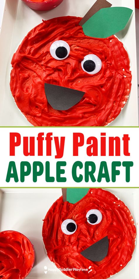 Easy Apple Preschool Craft, Puffy Paint Apple Craft, Puffy Paint Caramel Apple Craft, September Ideas For Toddlers, Pre K Apple Art, Apple Theme Crafts For Toddlers, Apple Craft Ideas For Toddlers, Apple Art Toddlers, Fall Puffy Paint Crafts