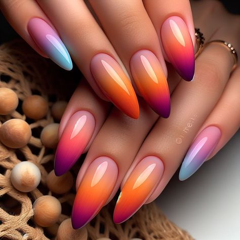 20+ New Summer Almond Nails Ideas In 2024 Summer Bright Nails 2024, Ombre Nails Design Summer, Almond Colorful Nails, 2024 Summer Nail Ideas, Hot Nails Trends 2024 Summer, Bright Ombre Nails Summer, Nails Summer 2024 Almond, Summer Almond Nails 2024, Bright Ombre Nails