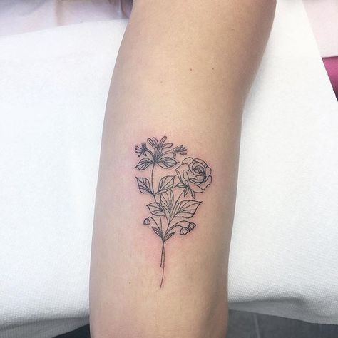 Honeysuckle And Rose Tattoo, Rose And Honeysuckle Tattoo, Rose Tattoo Simple, Honeysuckle And Rose, Tattoo Birth Month, Rose And Honeysuckle, Honeysuckle Tattoo, Flower Bouquet Tattoo, Tattoo Filler