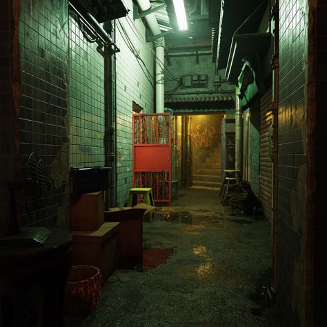 ArtStation - Kowloon Walled City | Alley Yakuza Pfp, City Alley, Perspective Room, Kowloon Walled City, City Development, Environment Photography, City Project, Underground Cities, Cyberpunk City