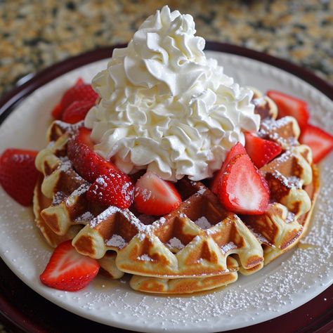 Waffles With Whipped Cream, Waffles And Strawberries, Buttermilk Waffles, Waffle Ingredients, Sliced Strawberries, Instagram Recipes, Twisted Recipes, Nice Food, Waffle Mix