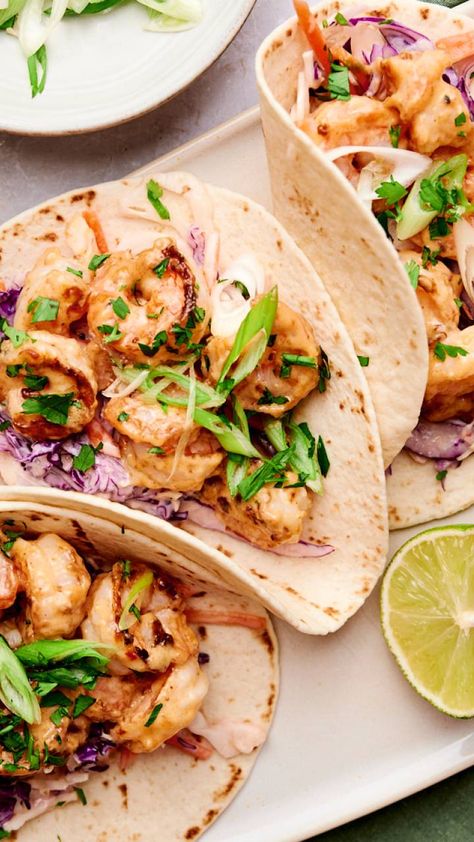 Bang bang shrimp tacos Healthy Bang Bang Shrimp, Shrimp Tacos With Slaw, Slaw For Shrimp Tacos, Bang Bang Shrimp Tacos, Tacos With Slaw, Creamy Slaw, Healthy Shrimp Tacos, Shrimp Tacos Easy, Bang Bang Sauce