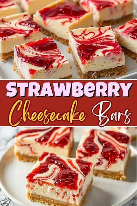 Dessert doesn't get better than these easy strawberry cheesecake bars. They're everything you love in the classic dish, only served in convenient squares. Strawberry Swirl Cheesecake Bars, Cheesecake Bars Strawberry, Cheesecake Cups Individual, Cheesecake Bars 9x13, Fruity Dessert Recipes, Best Dessert Bars, Cheesecake Bars Recipes, Easy Cheesecake Bars, Summer Bakes