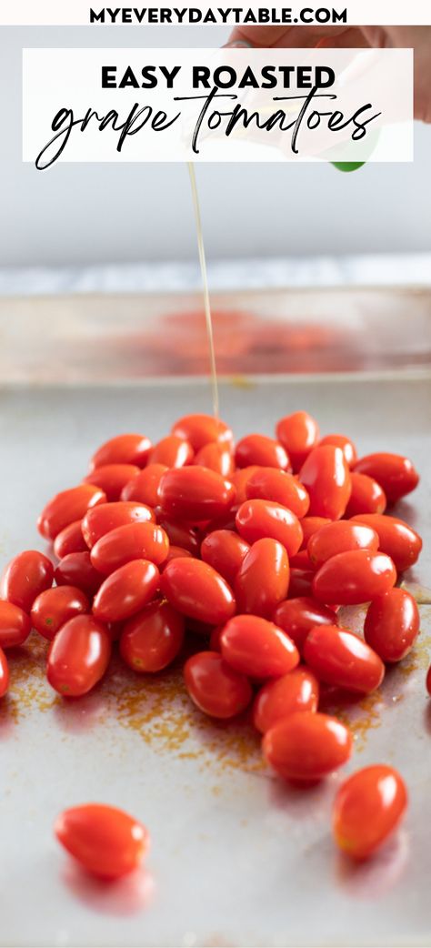 ROASTED GRAPE TOMATOES | MY EVERYDAY TABLE | Whether you're roasting grape tomatoes for preserving them or because you just think they might make winter tomatoes taste better, both are true. This oven roasted grape tomatoes recipe takes just a few minutes to prep and are made with pantry staples. Click through for plenty ideas on how to use them - for pasta and more. Oven Roasted Grape Tomatoes, Grape Tomatoes Recipes, Recipes With Grape Tomatoes, Grape Tomato Recipes, Roasted Grape Tomatoes, Preserving Tomatoes, Cherry Tomato Recipes, Tomato Dishes, Tomatoes Recipe