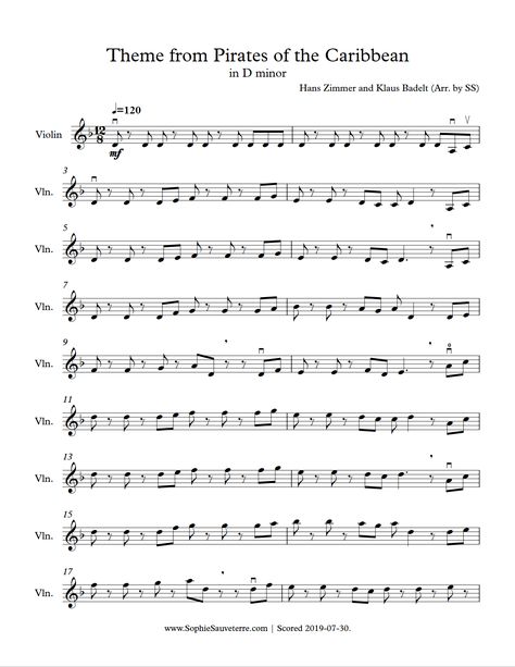 Pirates of the Caribbean – Theme – Simple Violin Arrangement – Sophie Sauveterre Pirates Of The Caribbean Theme Song, Simple Violin Sheet Music, Violin Notes Songs, Pirates Of The Caribbean Violin, Violin Fingering Chart, Violin Tips, Violin Notes, Music Instruments Diy, Piano Songs Sheet Music