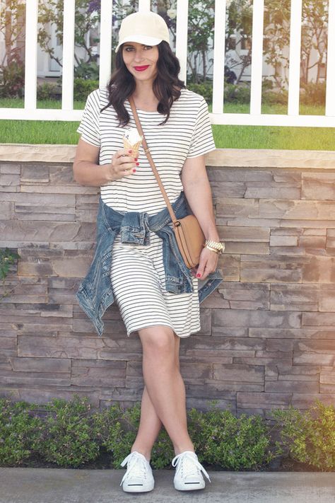 | casual wear | baseball hat | denim jacket | sneakers | striped dress | Sundress And Baseball Hat Outfit, Baseball Hat Outfit, Hat Outfit, This Heat, Ice Cream Cones, I Am Loving, Ice Cream Cone, Baseball Hat, Striped Dress