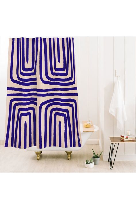 An elegant wave pattern sets a sophisticated mood in your bathroom retreat with this easy-to-hang shower curtain. Artwork by Nadeige Archin 71" x 74" Buttonhole openings 100% polyester Machine wash, tumble dry Made in the USA of imported materials Shower Curtain Blue Bathroom, Royal Blue Shower Curtain, Statement Shower Curtain, Contemporary Shower Curtain, Bathroom Design With Shower Curtain, Mid Century Modern Shower Curtain, Cute Shower Curtain Ideas, Funky Academia, Bathroom With Shower Curtain