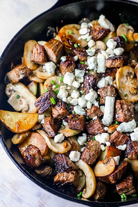 Dinner With Blue Cheese, Blue Cheese Dinner Recipes, Blue Collar Dinner Recipes, Chip Steak Recipes Dinners, Blue Cheese Steak, Steak And Blue Cheese, Steak Bites And Potatoes, Potato Skillet Dinner, Potatoes Mushrooms