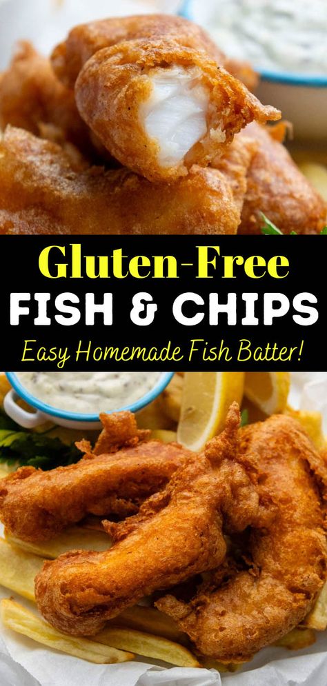 If you miss crispy beer-battered fish and chips due to a gluten-free diet, this easy recipe will be a game-changer! The gluten-free fish batter uses fizzy soda water or GF beer to achieve an ultra light, airy coating. White fish is dredged in a mixture of gluten-free all purpose flour and rice flour, fried until crisp and golden for a gluten-free fried fish just as tasty as the classic pub food! Gluten Free Fry Batter, Aip Fish And Chips, Almond Flour Batter For Frying, Cod Recipes Gluten Free, Seafood Recipes Gluten Free, Sourdough Fish Batter, Gluten Free Gourmet Recipes, Gluten Free Filipino Recipes, Gluten Free Seafood Recipes