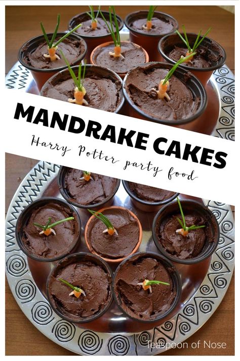 Chocolate Mandrake Cakes for a halloween Harry Potter party! Harry Potter Party Food, Harry Potter Motto Party, Baby Harry Potter, Harry Potter Treats, Harry Potter Desserts, Gateau Harry Potter, Harry Potter Snacks, Harry Potter Parties Food, Harry Potter Cupcakes