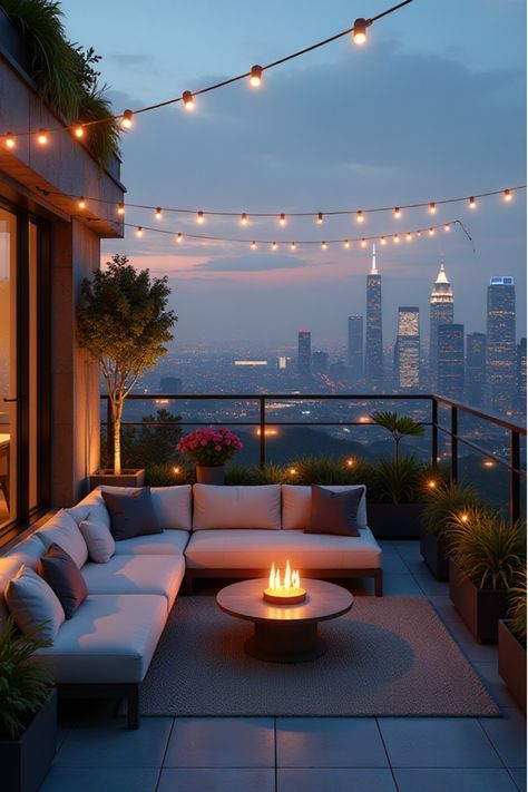 Modern rooftop patio with city skyline view and string lights at twilight Rooftop Terrace Decor, Roof Top Terrace Designs, Modern Backyard Patio, Roof Terrace Design, Rooftop Patio Design, Patio Installation, Court Yard, Urban Retreat, Diy Backyard Patio