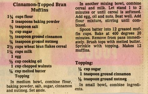 Cinnamon Topped Bran Muffins - Historic Recipe - Collections hosted by the Milwaukee Public Library Salt Spoon, Bran Muffins, Blueberry Muffins, Ground Nutmeg, Blue Berry Muffins, Ground Cinnamon, Recipe Collection, Public Library, Melted Butter