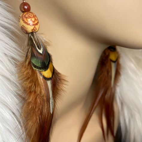 These Handmade Earrings Are Designed With Copper Wire And A Red River Jasper Stone At The Crown These Feature Brown Shades Of Fancy Pheasant Peacock And Rooster Feathers Some Appear To Look More Reddish Brown Some Of Which Seem To Change Colors At Certain Angles And In Certain Lighting And These Are Very Lightweight I Also Included Glazed Wooden Beads With Tribal Floral Botanical Designs Hypoallergenic Copper Hooks Length Is About 7” Definitely Has That Earthy Natural Boho Festival Hippie Vibe C Pink Doughnuts, Beaded Starfish, Unique Dangle Earrings, Rainbow Pearl, Rooster Feathers, Winter Earrings, Chain Fringe, Natural Boho, Clover Earrings