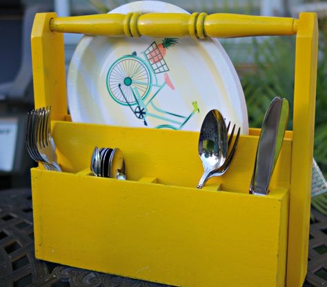 Picnic Caddy Diy, Picnic Caddy, Caddy Diy, Diy Picnic, Senior Center, Brad Nails, Kids Projects, Product Ideas, A Picnic