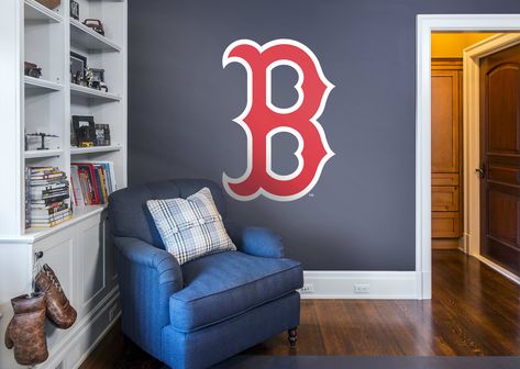 Red Sox Room, Baseball Bedroom, Baseball Room, Basement Family Room, B Logo, Sports Room, Boston Sports, Blue Backdrops, Removable Wall Decals