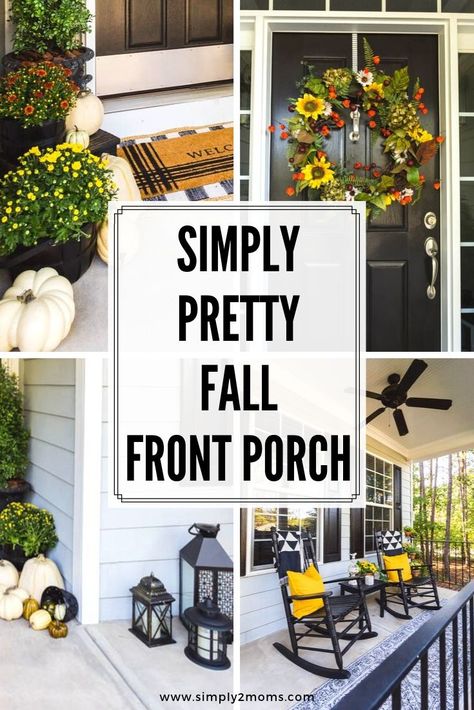 These simple fall decor ideas for your front porch will give your porch a cozy, fall feel. Use these easy tips to decorate your front porch for fall! #frontporch #fall #farmhouse #cozy #simple #southern #whitepumpkins #mums #floralwreath Fall Southern Porch, French Fall Front Porch Decor Ideas, Mums Small Front Porch Fall Displays, Fall Farmhouse Front Porch Decor, Outside Fall Decor Front Porches Simple, Minimalist Fall Decor Front Porch, Fall Outdoor Decor Porch Front Steps, Fall Decorations Indoor Front Porch, Small Front Porch Fall Decor Ideas Farmhouse