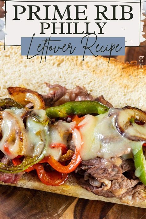 This fabulous Leftover Prime Rib Philly Cheesesteak Sandwich is stacked with sauteed onions, bell peppers, sliced leftover prime rib roast, and topped with provolone and white American cheeses! Philly cheesesteaks are traditionally served with thinly sliced rib eye beef, so using your leftover prime rib beef is even better! bakeitwithlove.com | #bakeitwithlove #leftoverprimeribphillycheesesteaksandwich #primeribroast #leftoverideas #leftoverprimerib #easy #recipe #best #sauteedonions #sandwich Prime Rib Au Jus, Leftover Prime Rib Recipes, Prime Rib Sandwich, Leftover Prime Rib, Prime Rib Dinner, Philly Cheese Steak Sandwich, Cheesesteak Sandwich, Philly Cheesesteaks, Sautéed Onions