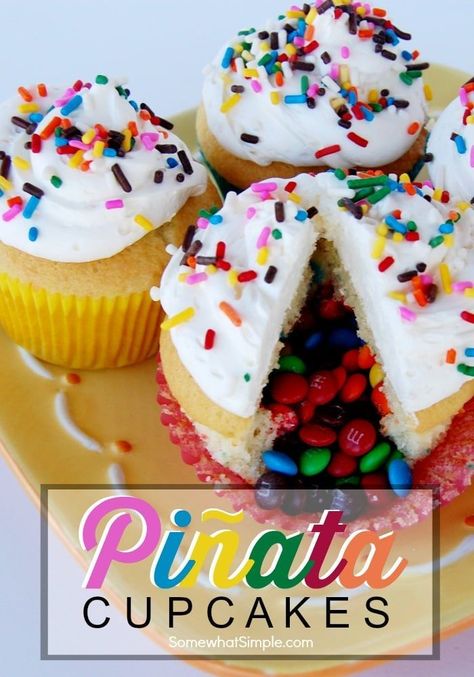 These Pinata Cupcakes are a fun dessert idea that your guests will love!  They're easy to make and everyone will be talking about them. #dessert #cupcakes #dessertrecipe #easyrecipe #fiesta #partyfood #cincodemayo Cupcakes For Kids, Pinata Cupcakes, Cake Mix Ingredients, Funfetti Cake Mix, Fun Dessert, Easy Cupcake Recipes, Pinata Cake, Snacks Für Party, Baking Cupcakes