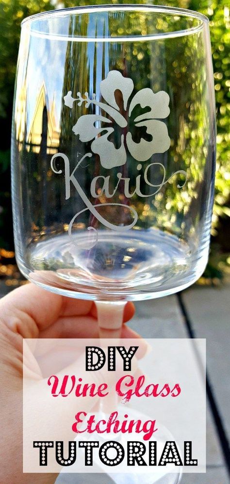 Step by step tutorial for making DIY etched glasses.  Can etch glass for gifts or just for fun! Wine Glass Etching, Etching Glassware Diy, Glass Etching Tutorial, Glass Etching Diy, Etching Diy, Glass Etching Projects, Etched Wine Glasses, Diy Wine Glasses, Etched Glassware